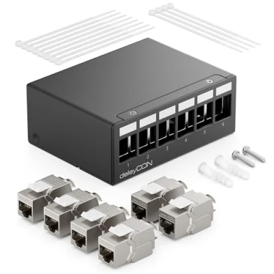 Image of deleyCON 6 Port Patch Panel Set with 6x CAT.7 RJ45 Keystone Jack Module STP 10 Gbit/s Distribution Compatible Installation Cable CAT6 CAT6a CAT8 Ethernet LAN DSL Network Black