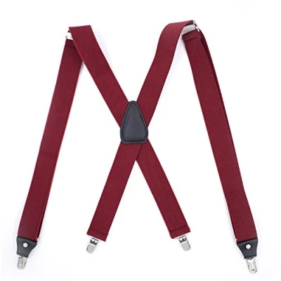 Image of WannGe Mens Suspenders Adjustable Elastic Heavy Duty 1.4 Inch Wide X Shape 4 Strong Clips Suspender Braces Burgundy