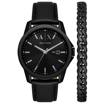 Image of Armani Exchange Watch for Men Quartz/3 Hand Day Date movement 44mm case size with a Leather strap AX7147SET