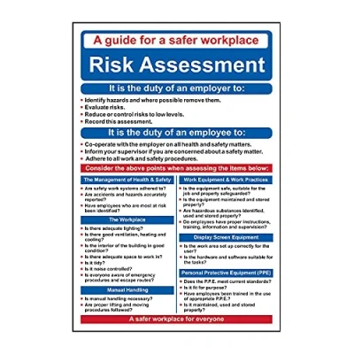 Image of Risk Assessment Safety Workplace Poster, 1.2mm Recyclable Polypropylene, W400mm x H600mm