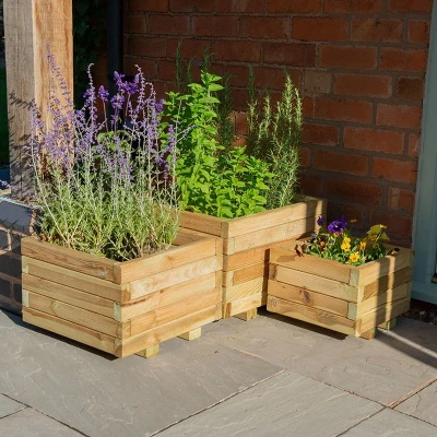 Image of Forest Kendal Square Wooden Garden Planter 1&#039;8x1&#039;8 (0.5x0.5m) Set of 3