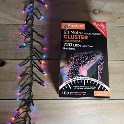Image of Premier Indoor Outdoor Christmas 720 LED 9.3m Multi Action Cluster Supabrights with Timer Rainbow