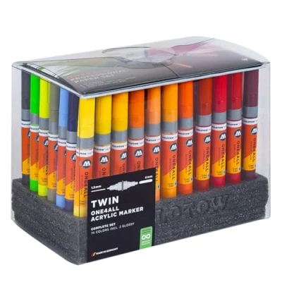 Image of Molotow One4All Acrylic Twin Marker Complete Set (1.5 and 4.0 mm Line Width, High Coverage Permanent, Quick Drying, Refillable, for Almost All Surfaces) 74 Assorted Pieces