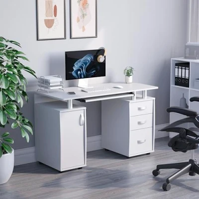 Image of Vida Designs Otley Computer Desk with Shelves and 3 Drawers, Home Office PC/Laptop Gaming Table, Study Workstation Keyboard Tray, Furniture, White
