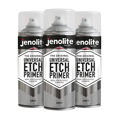 Image of JENOLITE Universal Etch Primer Spray Paint GREY High Performance Acid For Difficult Surfaces Including Aluminium, Galvanised Steel, Stainless Steel &amp; Most Metal 3 x 400ml