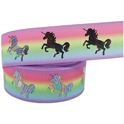 Image of Unicorn Ribbon 2 Metre Length x 25mm Width Unicorns Rainbows Grosgrain Holographic Birthday Cake Hair Bows Craft Cakes Party Decoration