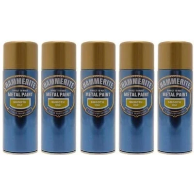 Image of 5x Hammerite Smooth Gold Metal Spray Paint 400ml x5 Aerosol Tins