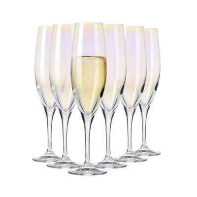 Image of Krosno Iridescent Champagne Glasses, Rainbow Collection, Set of 6, 7.4 oz (220 ml), Premium Handcrafted Glassware, Elegant Flutes for Sparkling Wine, Handwash Only, Made in Europe