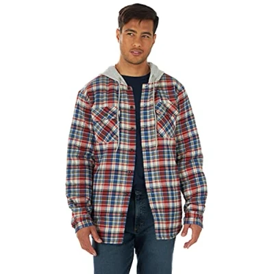 Image of Wrangler Authentics Men&#039;s Long Sleeve Quilted Lined Flannel Shirt Jacket with Hood, Bossa Nova, XXL