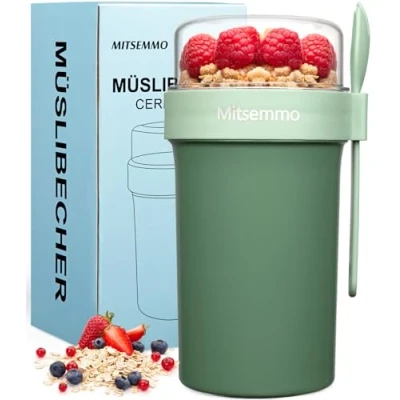 Image of Mitsemmo Cereal Cup On The Go,760ml+230ml Breakfast Pots to Go,Yogurt and Granola Pot with Sauce Container,Travel Bowl Milk Container for Work,Reusable Overnight Oats Jar Lid &amp; Spoon