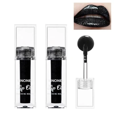 Image of Mrettick 2PCS Black Glitter Lip Gloss, Diamond Shimmer Lipstick, High Pigment Waterproof Long Lasting Lipsticks, Sparkling Glossy Liquid Lipstick Gloss for Women Oil （black）