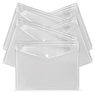 Image of G4GADGET A4 Clear Plastic Wallets Pack of Popper Document Folders with Label Pocket &amp; Snap Button Transparent Envelope for Home, Office, School Travel (10)