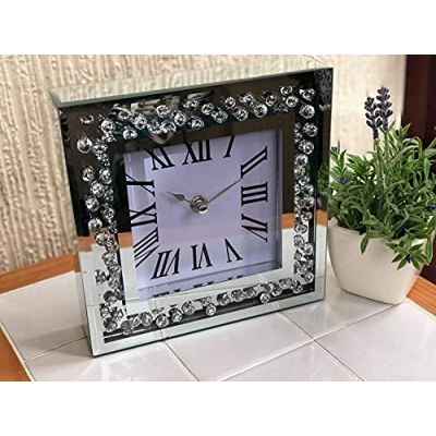 Image of Biznest Floating Jewel 20cm Mirrored Mantle Clock Mirror Frame Bling Diamante Table