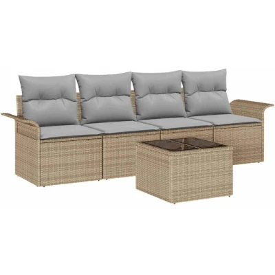 Image of vidaXL 5 Piece Garden Sofa Set with Cushions Beige Poly Rattan