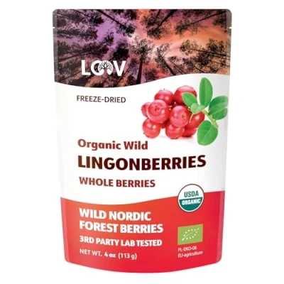 Image of LOOV Freeze Dried Organic Wild Lingonberries, No Sugar Added, 100% Whole Fruit Crafted from Northern European Forests, 113 g, 23 Day Supply, Non GMO