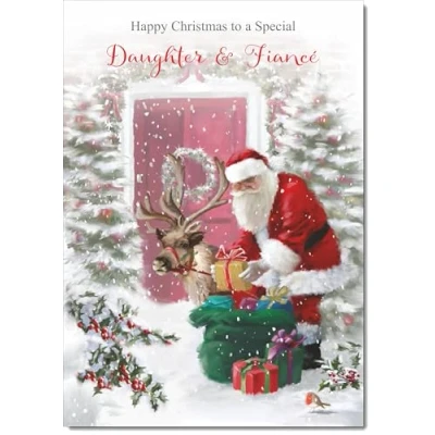 Image of doodlecards Daughter &amp; Fiance Christmas Card Santa with Parcels Medium Size Plain Red Envelope, 21 x 15cm