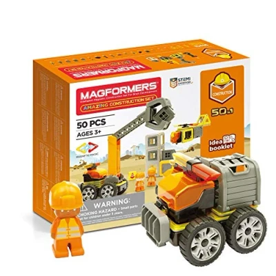 Image of Magformers 717004 Amazing Construction Magnetic Toy. Makes 50 Different Vehicles and Buildings Set, Orange, Grey