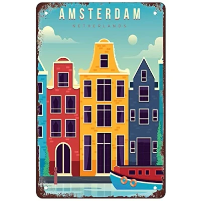 Image of AZOLID Metal Tin Sign Amsterdam Netherlands Travel Signs Vintage Bar Club Cave Home Kitchen Wall Decor Rustic Funny 30x43CM