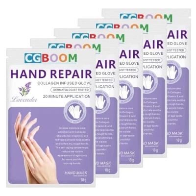 Image of 5 Pairs Hands Moisturizing Gloves, Hand Skin Repair Renew Mask Infused Collagen, Vitamins + Natural Plant Extracts for Dry, Aging, Cracked (5 mask)