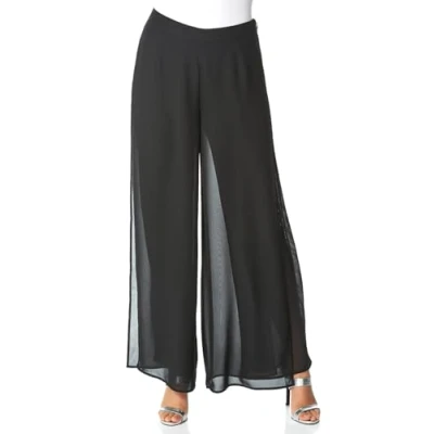 Image of Roman Originals Wide Leg Trousers for Women UK Ladies Palazzo Pants Diamante Embellished Side Split Chiffon Smart Evening Christmas New Years Party Formal Sparkle Bottoms Sparkly Black Size 20