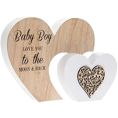 Image of The Leonardo Collection Baby Boy Love You Moon &amp; Back Double Wooden Heart Sentiment Plaque Ornament Gift