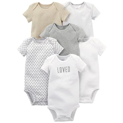 Image of Simple Joys by Carter&#039;s Baby Neutral Short Sleeve Bodysuit, White/Grey, Premature (Pack of 6)