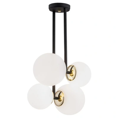 Image of Moritz Globe Ceiling 4 Light Opal Matt, Black Structure, Brass Elements