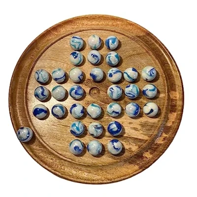 Image of 30cm Diameter wooden solitaire board game with JELLYFISH GLASS MARBLES classic strategy family games for one
