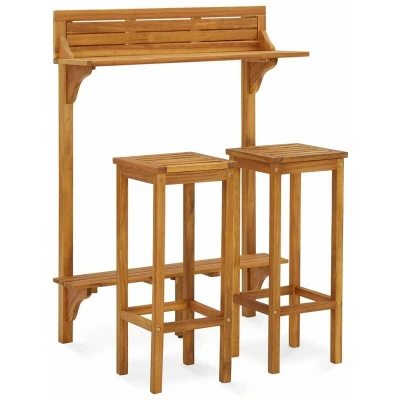 Image of vidaXL 3 Piece Balcony Bar Set Solid Acacia Wood with Oil Finish Includes Table and Stools Ideal for Small Patios Balconies Easy Assembly Installation