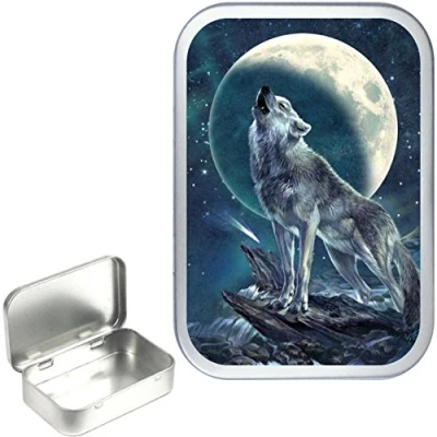 Image of TEEZ WOLF NIGHT TOBACCO TIN 50ml, 1oz SILVER HINGED TIN,PILL BOX,STORAGE