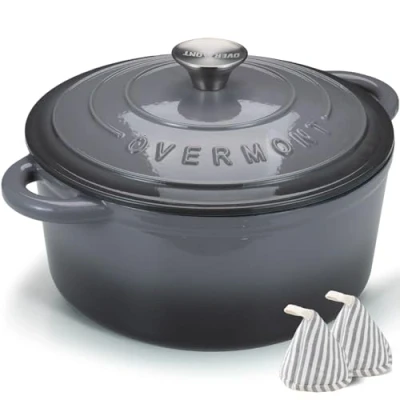 Image of Overmont 5L Enamelled Cast Iron Round Casserole Pot With Lid Cookbook &amp; Cotton Potholders Non stick Dutch Oven Cookware for Braising, Stews, Roasting, Bread Baking Grey, 26cm