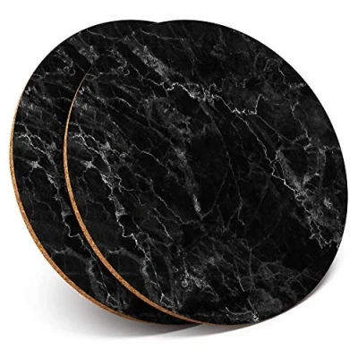 Image of 2 x Round Coasters Black Marble Effect Art Rock Cork Backed Home Kitchen Accessory Tea Coffee Mug Mat #44319