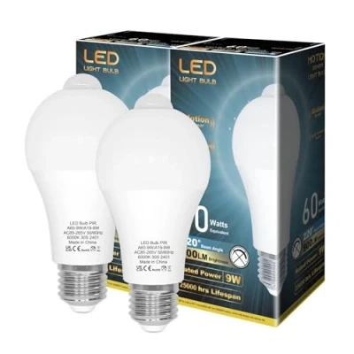 Image of LUTW Motion Sensor Light Bulb, E27 Screw Bulb Equivalent 60W Incandescent, Cool White 6000K 9W 900LM, Auto On/Off Indoor Outdoor Security for Garage, Stairs, Hallway Basement, 2 Pack
