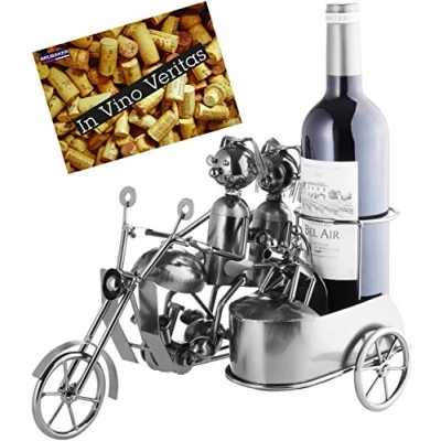 Image of BRUBAKER Bottle Holder &#039;Motorcycle Couple with Dog in Sidecar&#039; Metal Sculpture including Greeting Card!