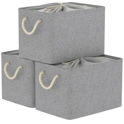 Image of Yawinhe Foldable Storage Baskets 3 Pack, with Drawstring Cover and 2 Handles, Collapsible Bins, for Shelves, Clothes, Grey, SNK003GL
