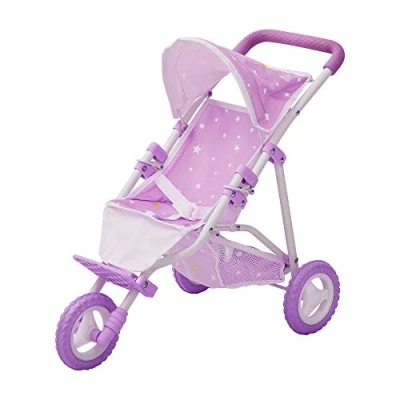 Image of Olivia&#039;s Little World Baby Doll Jogging Style Pram with Canopy, Seatbelt and Storage Space, Purple White