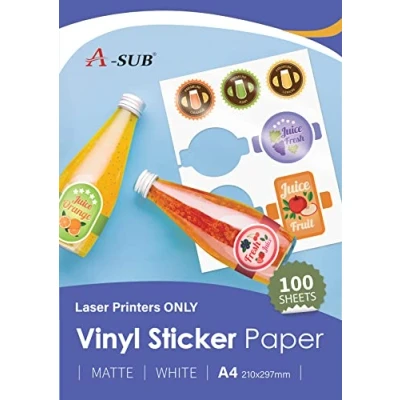 Image of A SUB White Matte Premium Waterproof Printable Vinyl Sticker Paper, Self Adhesive Labels for Laser Printers, A4 Size, 100 Sheets