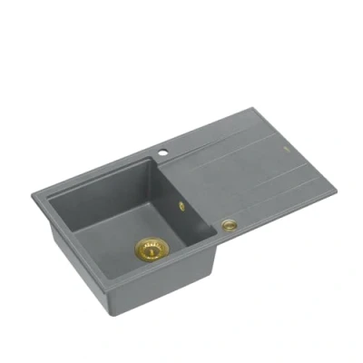 Image of QUADRON Sink Grey &amp; Golden Size 86 x 50 21 cm Granite Evan 111 Single Bowl Kitchen with Manual Siphon and Draining Board 1 Built in