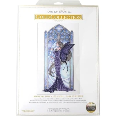 Image of Dimensions 70 09618 Gold Collection Wintertime Fairy Advanced Counted Cross Stitch Kit, 10&quot; x 17&quot;, 18 Cnt. White Aida, 6 Pieces