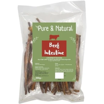 Image of Pure &amp; Natural Beef Intestine for Dogs 15cm High Protein, Hypoallergenic Dog Treats 100% Chews Puppies 12 Weeks and Up 200g Bag