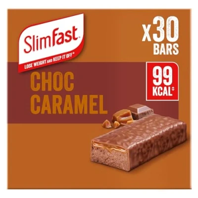 Image of SlimFast Snack Bar, Low Calorie Snack, Choc Caramel Flavour, 30 x 26 g Multipack (Packing may vary)