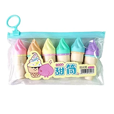 Image of 6pcs Cute Mini Highlighter Pen Cartoon Ice Cream Shape Fluorescent Marker Pens School Office Stationery