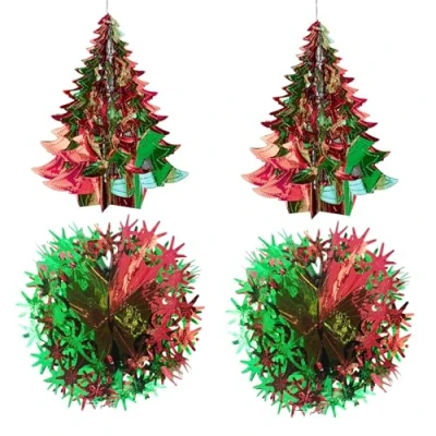 Image of Christmas Foil Ceiling Decorations Set 4 30cm Tree and Ball Set. 2 Balls (Green/Red)