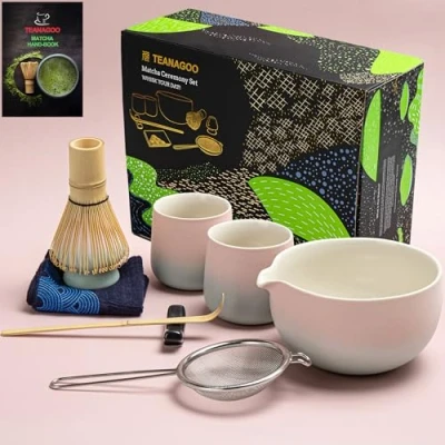 Image of TEANAGOO Matcha Set Whisk Bowl with Pouring Spout Scoop Holder Tea Making Kit. 1 Japanese (7pcs) + 2Cups(7.2oz),S11,Gradient Pink