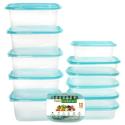 Image of FRESHLY CONTAINED 12 Pack Plastic Food Containers BPA Free Reusable Storage Box Set with Lids Airtight for Kitchen, Pantry, Meal Prep and Lunches Microwave/Freezer Safe