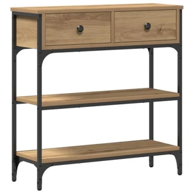 Image of vidaXL Rustic Solid Oak Table with 2 Drawers Robust Wood and Steel Perfect for Living Room Decoration Functional Furniture Decorative Stylish Plant Stand Interior