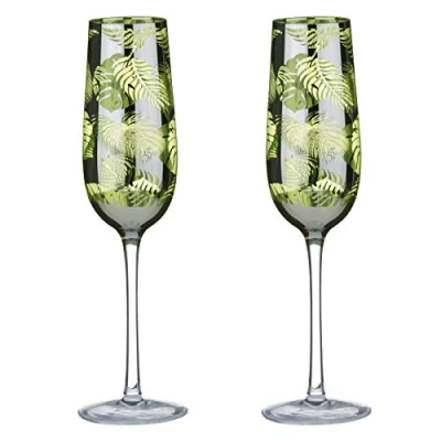 Image of ARTLAND Tropical Leaves Range Champagne Flutes Set of 2 300 ml Capacity Per Glass Elegant Silver Handcrafted Prosecco Glasses Great Gift