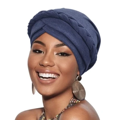 Image of DRESHOW Women Turban Pre Tied Twisted Braid Hair Cover Wrap Hat African Beanie Headwraps Chemo Cancer Cap