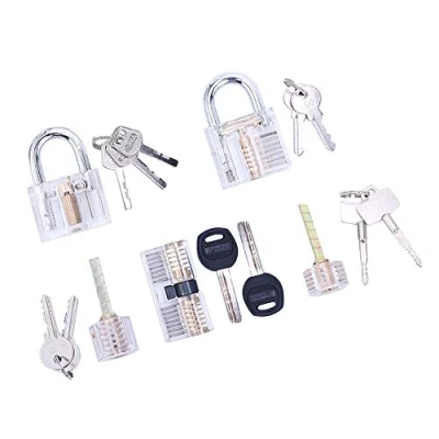 Image of Loboo Idea 5 Piece Practice Lock Set for Beginner and Pro Locksmiths, Transparent Training Cutaway Crystal Pin Tumbler Keyed Padlock, Blade AB Kaba Cylinder Bull Head