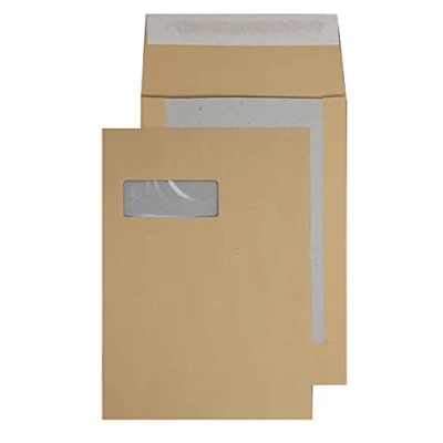 Image of Blake Purely Packaging C4 (A4) 324 x 229 mm Board Back Pocket Peel and Seal Envelopes Window (13901MW) Manilla Pack of 125